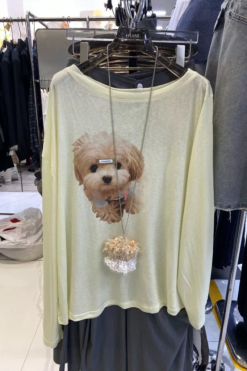Cozy Puppy Graphic Loose Fit Tee with Necklace