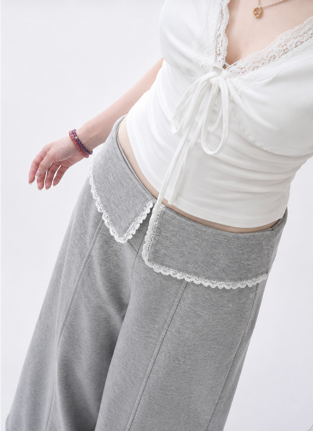 Soft Lace Tie-Front Wide Leg Pants Set