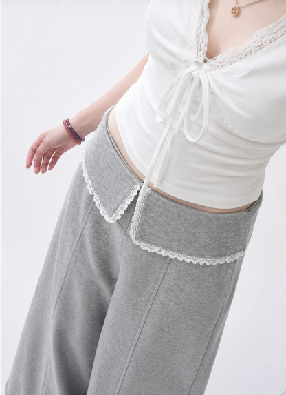 Soft Lace Tie-Front Wide Leg Pants Set