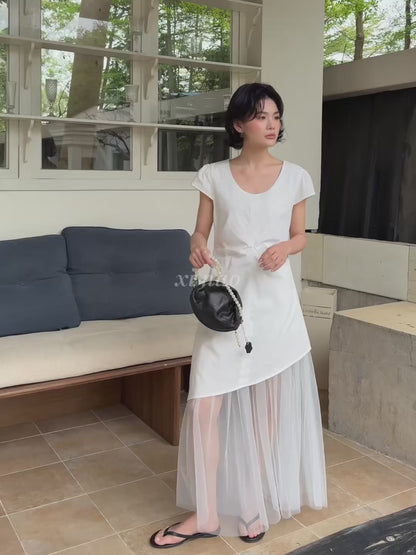 Soft White Asymmetric Tulle Midi Dress